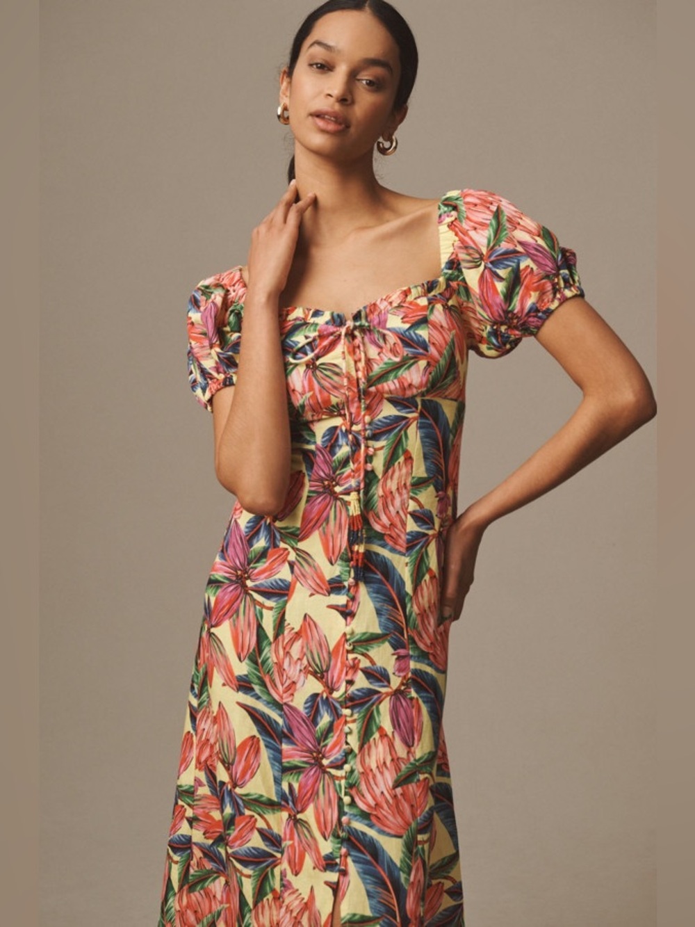 Farm Rio sweetheart linen Floral Puff-Sleeve Midi Dress - Yellow/Pink